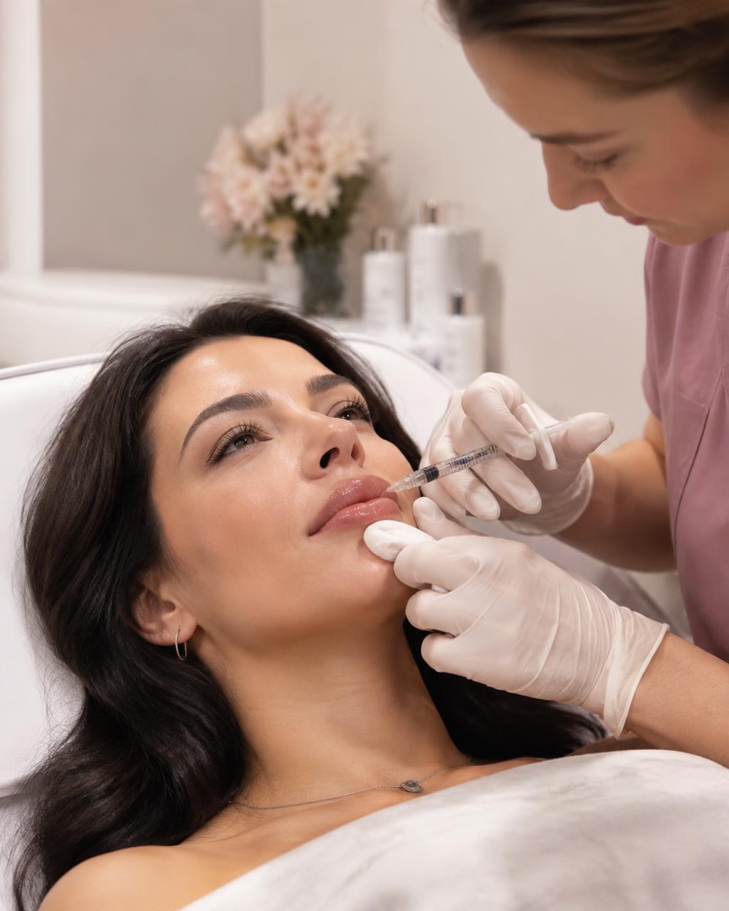 Practitioner performing a lip filler injection